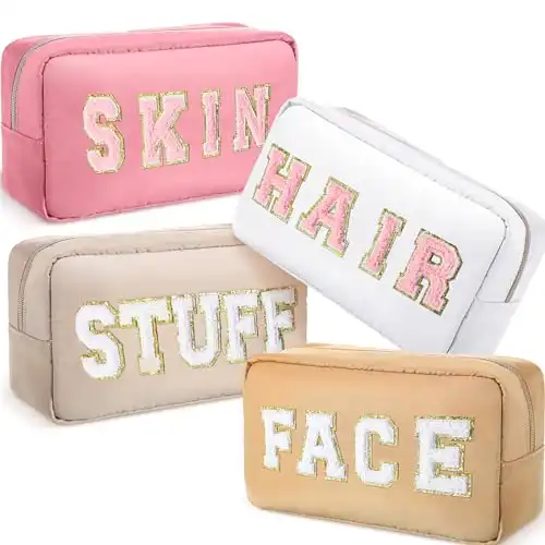 Remerry 4 Pcs Nylon Cosmetic Bag Travel Organizer Chenille Letter Makeup Pouch Zipper Preppy Waterproof Hair Bag Toiletry Pouch for Women Girls(Light Brown, Beige, Light Pink, White)