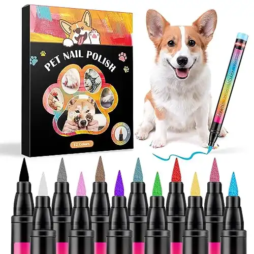 Aieero Pet Nail Polish Pen Set - Dog Nail Polish Pens Quick Dry, 12 Colors Fast Drying Dog Safe Nail Polish Set