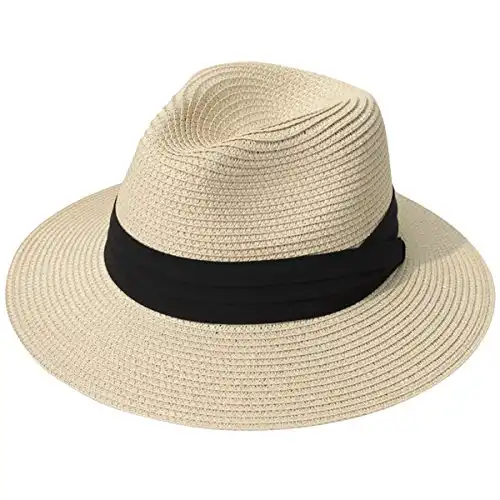 Lanzom Women Wide Brim Straw Panama Roll up Hat Fedora Beach Sun Hat UPF50+ (Khaki) One Size