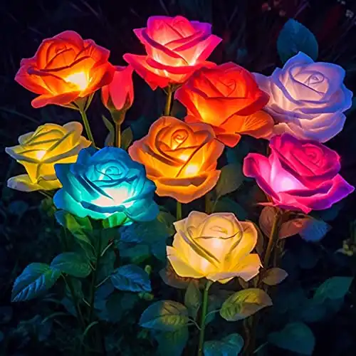 Solar Lights Outdoor Waterproof, 4 Pack Solar Garden Lights Outside, Outdoor Solar Lights for Yard with 20 Rose Solar Flowers Lights, Garden Lights Solar Powered Waterproof Yard Decorations Outdoor