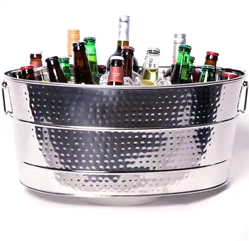 BREKX Aspen Heavy-Duty Oval Stainless Steel Bucket - Metal Large Ice Bucket for Drinks, 25-Quart (30-Bottle) Bucket Cooler Ice Container for Party, Glossy Sealed Hammered Finish, Leak Resistant