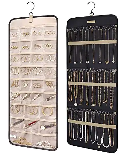 BAGSMART Hanging Jewelry Organizer Storage Roll with Hanger Metal Hooks Double-Sided Jewelry Holder for Earrings, Necklaces, Rings on Closet, Wall, Door, 1 piece, Large, Black