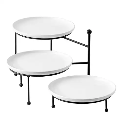 Kanwone 3 Tiered Serving Stand with White Porcelain Plates, Tiered Tray Stand, 10" x 10" Tier Serving Trays with Black Metal Stand for Entertaining, 3 Tier Dessert Stand