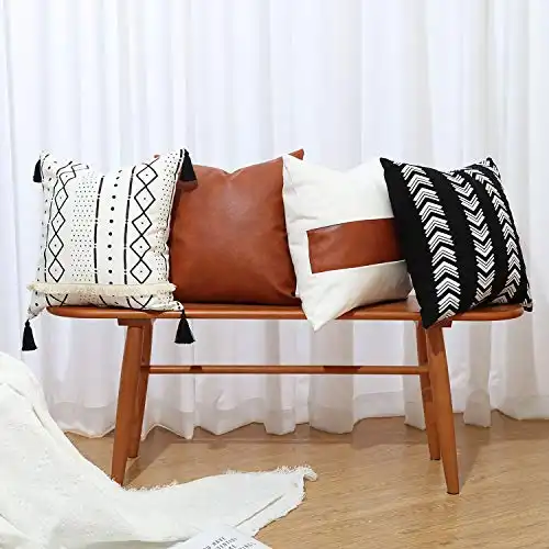 GALMAXS7 Boho Throw Pillow Covers 18 x 18 Set of 4 - Modern Stripe Geometric Farmhouse Decorative Pillow Cover Sets for Pillows - Couch Sofa Bed,Faux Leather Black and White Pillow Covers