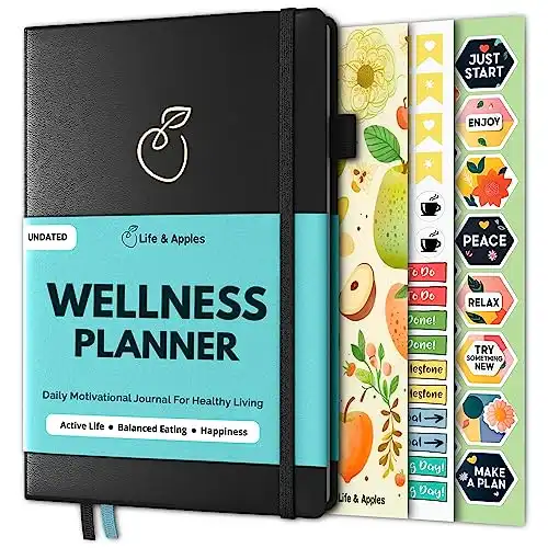 Life & Apples Wellness Planner Fitness Journal, Food Journal, Weight Loss Journal, Diet Journal & Food Log, Health Journal, Undated, Black