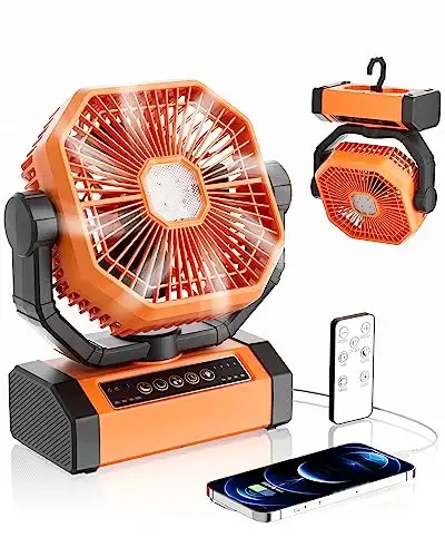 MORIKO Table Fans, 20000mAh Rechargeable Battery Operated Portable Tent Fan with LED Lantern, Remote Control, Hook, 270 Pivot, Stepless Speed-Ideal for Camping, Picnic, Barbecue, Jobsite