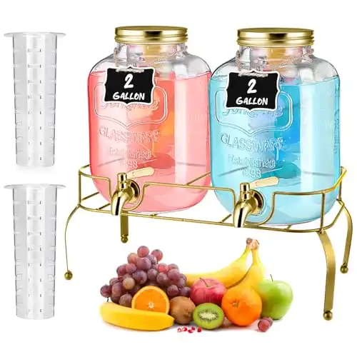 Lallisa 2 Pcs 2 Gallon Glass Drink Dispenser with Stand Ice Cylinder Hanging Chalkboard Signs 18/8 Stainless Steel Spigot Beverage Dispensers for Parties Mason Jar Drink Lemonade (Gold)