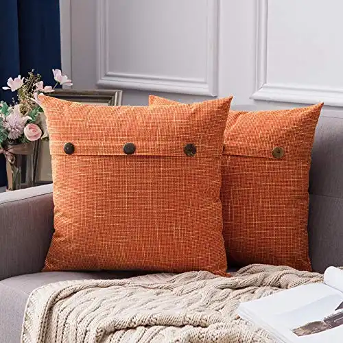 MIULEE Set of 2 Decorative Linen Throw Pillow Covers Cushion Case Triple Button Vintage Farmhouse Pillowcase for Couch Sofa Bed 18 x 18 Inch 45 x 45 cm Orange