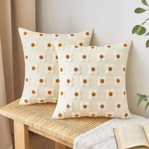 EMEMA Decorative Throw Pillow Covers Sun Flower Jacquard Pillowcase Cushion Case Square for Couch Sofa Bed Living Room Bedroom Set of 2, 18x18 Inch, Beige