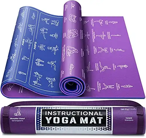 Instructional Yoga Mat with Poses Printed On It & Carrying Strap - 75 Illustrated Yoga Poses & 75 Stretches - Cute Yoga Mat For Women and Men - Non-Slip, 1/4" Extra-Thick Yoga Mat For Beg...