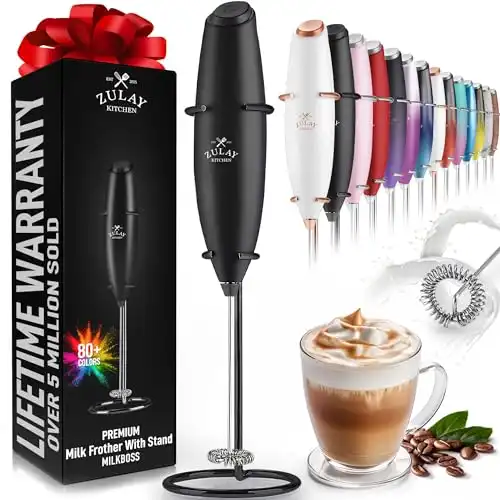 Zulay Powerful Milk Frother Handheld Foam Maker for Lattes - Whisk Drink Mixer for Coffee, Mini Foamer for Cappuccino, Frappe, Matcha, Hot Chocolate by Milk Boss (Exec Black with Black Stand)