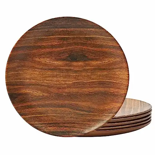 TP 8.5" Melamine Dinner Plates, 6-piece Plate Set Unbreakable Serving Dishes for Indoor and Outdoor, Unbreakable Dinner Service for 6, Rosewood Grain