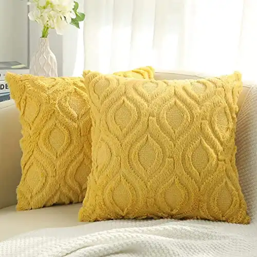 decorUhome Decorative Throw Pillow Covers 18x18, Soft Plush Faux Wool Couch Pillow Covers for Home, Set of 2,Mustard Yellow