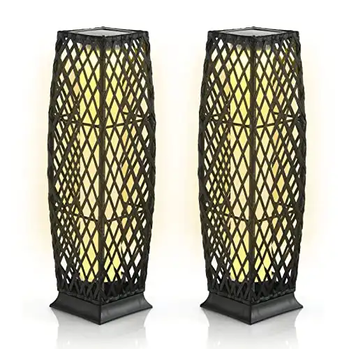 Tangkula 2 Pieces Outdoor Solar Powered Floor Lamps, IP65 Waterproof Wicker Floor Lamps with Auto On/Off LED Light, Outdoor Decor Lanterns for Garden Patio Porch Deck Pool Pathway Driveway (Black)