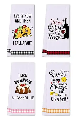 Funny Kitchen Towels, Cute Decorative Dish Towels Sets, Absorbent Waffle Hand Towels, Housewarming Gifts for New Home, Women, Mom, Set of 4, Funny House Warming Presents, Hostess Gifts