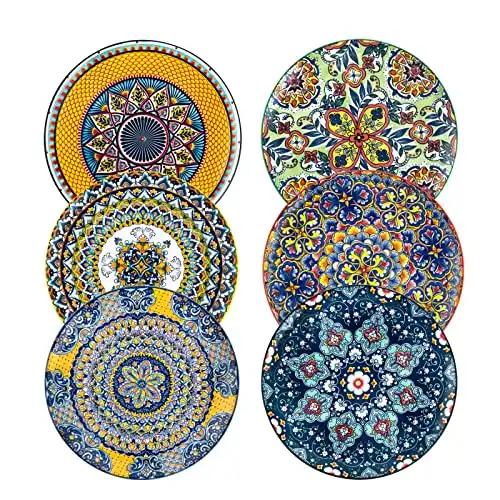 HENXFEN LEAD Dinner Plates Set of 6-10.5 Inch Large Dessert, Pasta, Salad Plate, Porcelain Colorful Serving Dishes for Kitchen & Restaurant, Dishware, Microwave & Oven safe - Bohemian Style