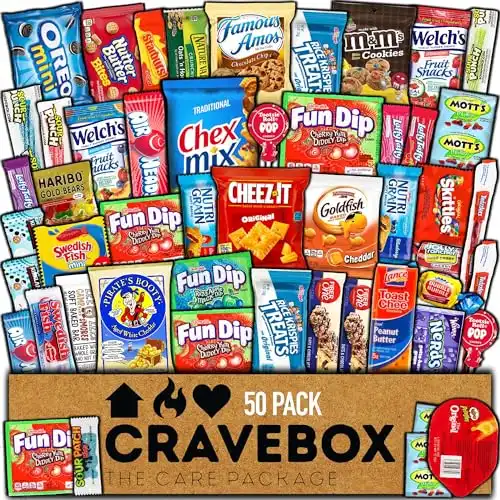 CRAVEBOX Snack Box (50 Count) Spring Finals Gift Variety Pack Care Package Basket Adult Kid Guy Girl Women Men Birthday College Student Office School