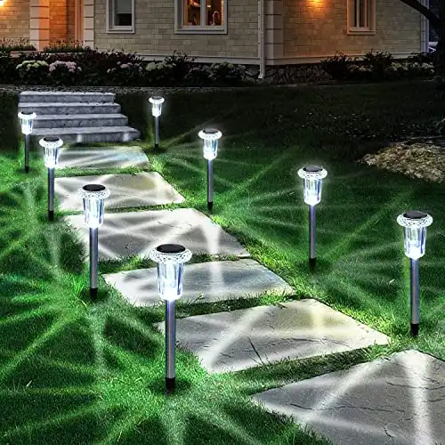 Eyrosa Solar Outdoor Lights, 10 Pack Waterproof Stainless Steel Solar Stake Lights for Pathway Garden Yard Path Walkway Driveway Lawn Decor - Cool White