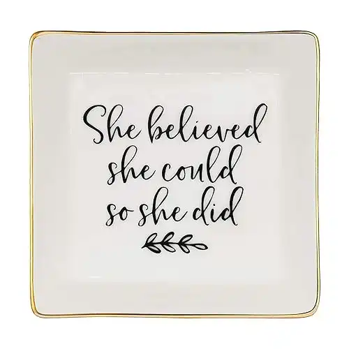 Jewelry Tray Ceramic Trinket Dish Ring Funny Birthday Gifts for Women Unique New Job Spiritual Congratulations Gift Best Friend Mom Friendship Office Decor,She Believed She Could So She Did