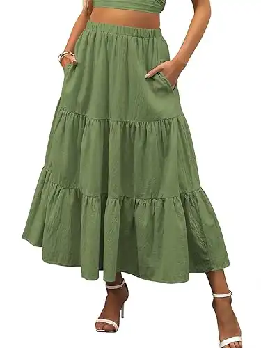 ANRABESS Women s Summer Boho Elastic Waist Pleated A-Line Flowy Swing Tiered Long Beach Skirt Dress with Pockets