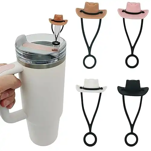 4 Pack Silicone Cowboy Hat Straw Covers Cap Compatible with Stanley Cup 30 40 oz, Cute Funny Tumbler Straw Topper Accessories for Man & Woman Gift