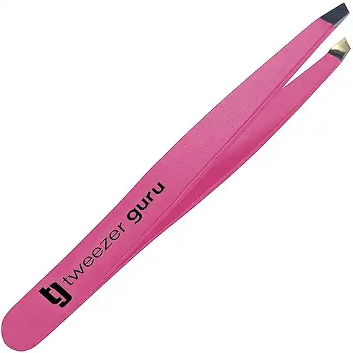 Tweezer Guru Tweezers for Women - Slant Pointed Precision Tweezers for Eyebrows & Ingrown Hair Removal - Blackhead and Splinter Tweezer with Sharp Needle Nose Point for Plucking (Pink)