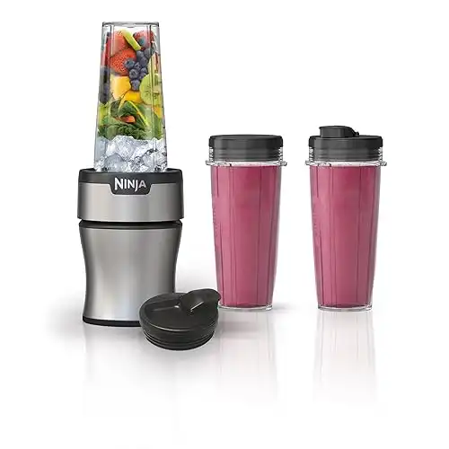 Ninja BN301 Nutri-Blender Plus Compact Personal Blender, 900-Peak-Watt Motor, Frozen Drinks, Smoothies, Sauces & More, (3) 20 oz. To-Go Cups, (2) Spout-Lids (1) Storage-Lid, Dishwasher Safe, Silve...