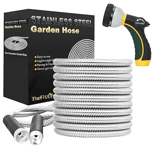 TheFitLife Flexible Metal Garden Hose - Upgrade Leak and Fray Resistant Design, Stainless Steel Water Hose with Solid Fittings and Sprayer Nozzle, Lightweight Kink Free Durable Easy Storage (25 FT)