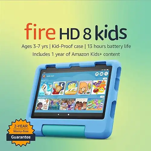 Amazon Fire HD 8 Kids tablet, ages 3-7. Top-selling 8" kids tablet on Amazon - 2022 | ad-free content with parental controls included, 13-hr battery, 32 GB, Blue