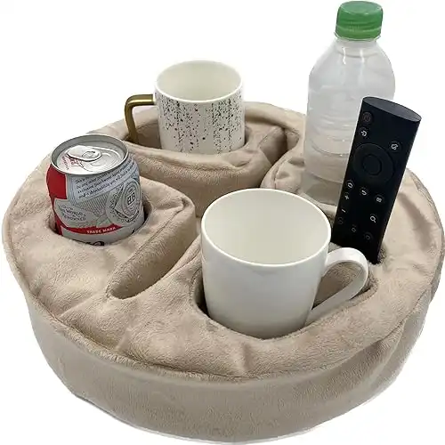 Couch and Bed Cup Holder Pillow, Sofa Organizer Caddy for Drinks, Remotes, Phones, Snacks (Beige)