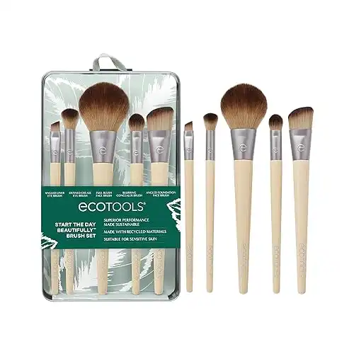 EcoTools Start The Day Beautifully Brush Kit, Makeup Brushes For Eyeshadow, Blush, Concealer, & Foundation Application, Eco-Friendly Brushes, Synthetic Hair, Cruelty-Free, 5 Piece Set