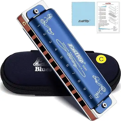 East top Harmonica, Diatonic Blues Harmonica Key of C, Blues Harp Mouth Organ Harmonica 10 Holes 008K with Blue Case, Standard Harmonica For Adults, Professionals, Beginners and Students, as a Gift