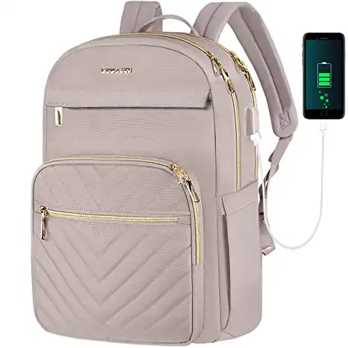 VANKEAN 15.6 Inch Laptop Backpack for Women Work Bag Fashion with USB Port, Waterproof Stylish Travel Bags Casual Daypacks for College, Business, Light Dusty Pink