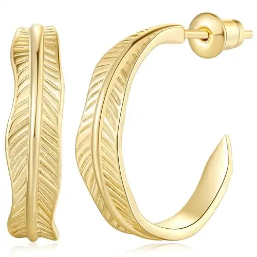 Amoxos Hoop Earrings 14K Gold Hoops Thick Gold Small Hoop Earrings for Women Curved Banana Leaf Gold Hoop Earrings Elegance Gold Jewelry 18mm