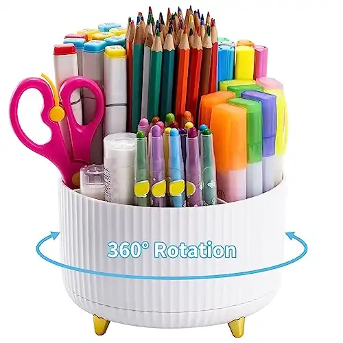 Marbrasse Desk Organizer, 360-Degree Rotating Pen Holder for Desk, Desk Organizers and Accessories with 5 Compartments Pencil Organizer, Art Supply Storage Box Caddy for Office, Home White