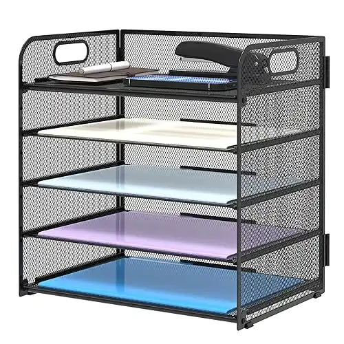 Supeasy 5 Trays Paper Organizer with Handle - Mesh Desk File/Letter Organizer,Black Paper Sorter for Office, Home or School