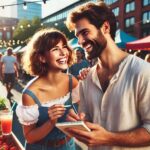 A smiling couple stands at an outdoor market, surrounded by fresh produce and string lights. With love in their eyes, the woman jots notes in a notebook while the man leans closer. Their relationship radiates joy and ambition in the sunny, lively setting.