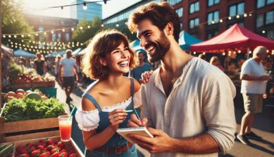 A smiling couple stands at an outdoor market, surrounded by fresh produce and string lights. With love in their eyes, the woman jots notes in a notebook while the man leans closer. Their relationship radiates joy and ambition in the sunny, lively setting.