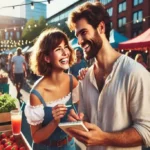 A smiling couple stands at an outdoor market, surrounded by fresh produce and string lights. With love in their eyes, the woman jots notes in a notebook while the man leans closer. Their relationship radiates joy and ambition in the sunny, lively setting.
