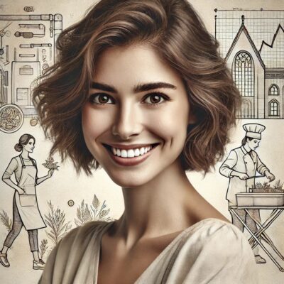 A woman with short brown hair smiles against a backdrop of illustrations depicting chefs, architectural designs, and plants. The artwork beautifully weaves together culinary and architectural themes, reflecting her love for ambition in creative expression.