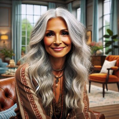 A woman with long gray hair and a warm smile sits in a cozy living room, debating the classic dating dilemma of love vs. ambition. She wears a brown sweater and layered necklaces, surrounded by plants and vintage furniture, while sunlight filters through the blue-curtained windows.