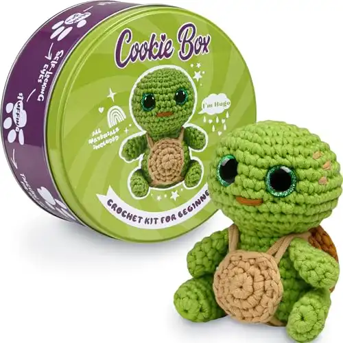 Cookie Box Crochet Kit for Beginners - Learn to Crochet Amigurumi Stuffed Animals - Gift - for Kids (13+) and Adults - Beginner-Friendly Yarn - Stitch-by-Stitch Video Tutorial - Turtle Hugo