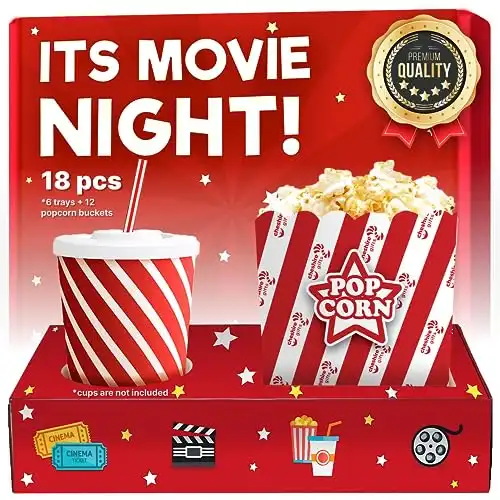 Cheshire Gifts Movie Night Supplies 18 Pcs - Popcorn Bags (12ct) & Movie Night Snack Trays (6ct) - Movie Theater Decor & Popcorn Bowls For Family Movie Night