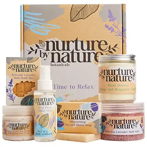 Nurture by Nature RELAX & CALM Spa Kit, Spa Gift Baskets For Women – Complete Bath Sets for Women Gift – Lavender Pillow Mist, Bath Salts, Soap, Bath Bomb, Candle, Body Scrub – ...