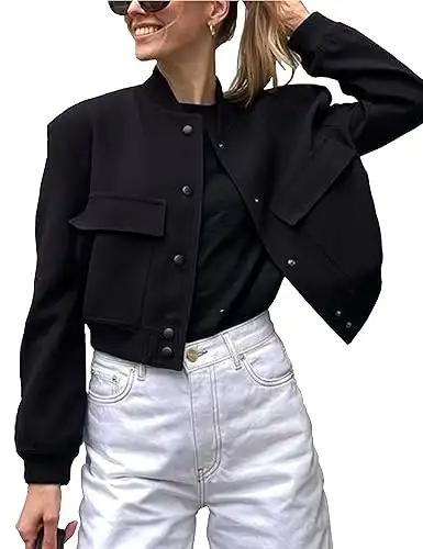 Womens Cropped Bomber Jacket Button Down Varsity Jackets Shackets With Pockets