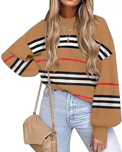 ETCYY Womens Sweaters Fall 2024 Batwing Long Sleeve Side Slit Knit Tops Crew Neck Striped Oversized Sweater Pullover Tops