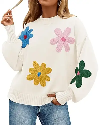 ZESICA Women's Fall Long Puff Sleeve Sweaters 2024 Casual Crewneck Ribbed Knit Flower Color Block Loose Pullover Tops