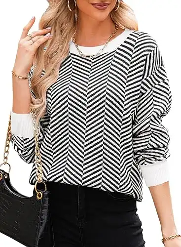 Dokotoo Women's Crewneck Cute Sweaters 2024 Striped Colorblock Fall Winter Knitted Pullover Tops