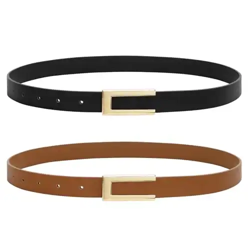 SANSTHS 2 Pack Skinny Leather Belts for Women, Ladies Thin Waist Belt for Dresses Jeans Pants with Gold Buckle, Black+Brown, S