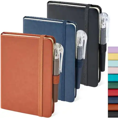 NIRMIRO 3 Pack Pocket Notebook Journals, Small Notepad Notebooks for Note Taking, A6 Mini Note pads with Pen Holder, 408 Lined Pages, 3.7" x 5.7", Black, Brown, Blue